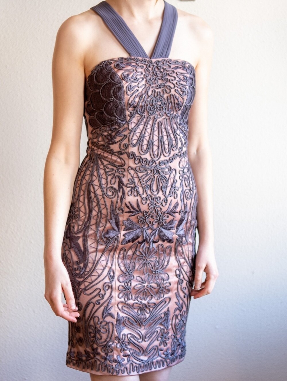 Sue Wong Mauve and Charcoal Embroidered Mini Shift Dress Size 0 New